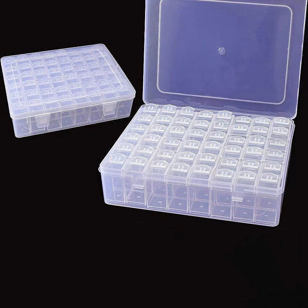 A clear plastic storage box with multiple compartments for organizing crafts, beads, or jewelry.