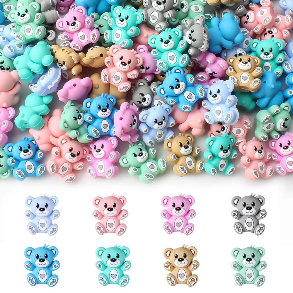 A collection of colorful 3D silicone bear focal beads for DIY jewelry making in various pastel and bright colors.