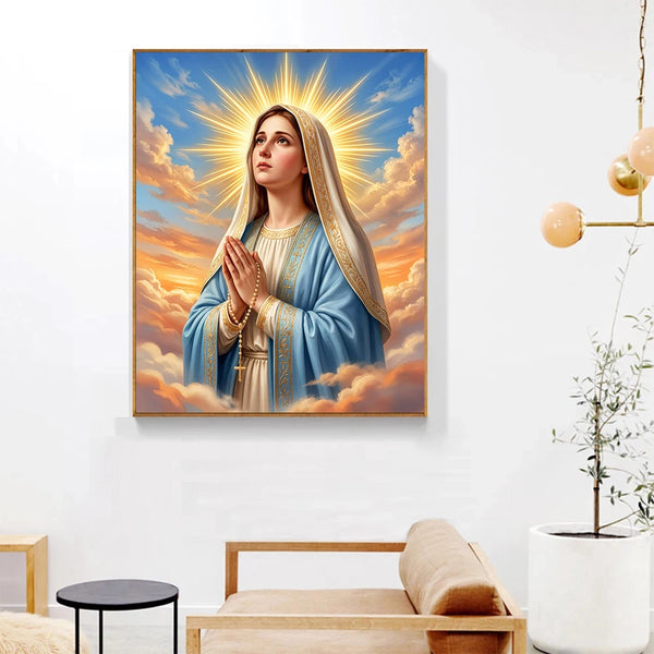 Cuadro de Jesús y la Virgen María con luz radiante, en un kit de pintura de diamantes