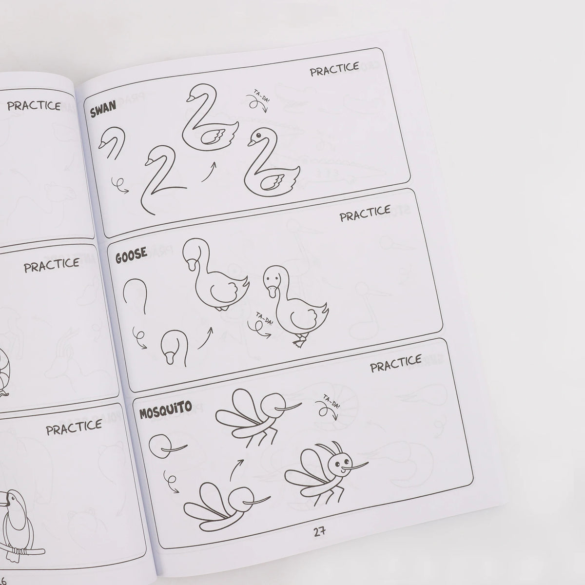 A page from a drawing guide showing practice sheets for drawing swans, geese, and mosquitoes.