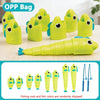 A yellow OPP bag containing various fishing rods and fish colors for a party game.