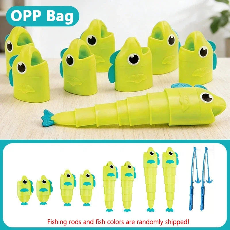 A yellow OPP bag containing various fishing rods and fish colors for a party game.