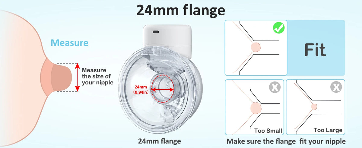 Diagram showing how to measure and fit a 24mm flange for a hands-free electric breast pump.