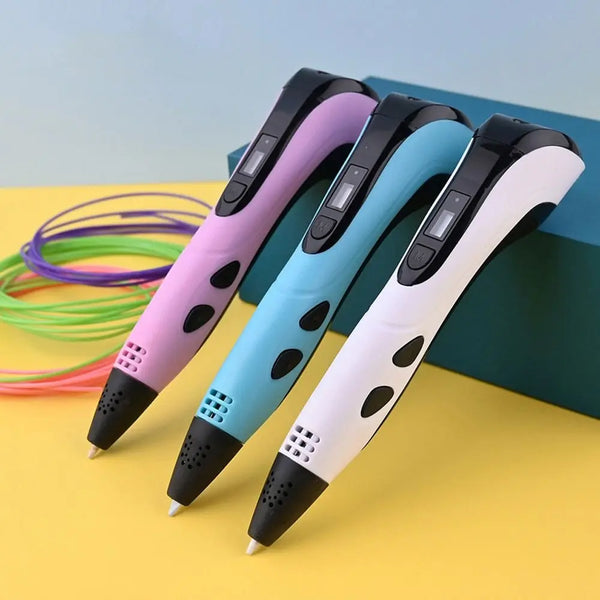 Three 3D printing pens in purple, blue, and white are displayed on a yellow surface.