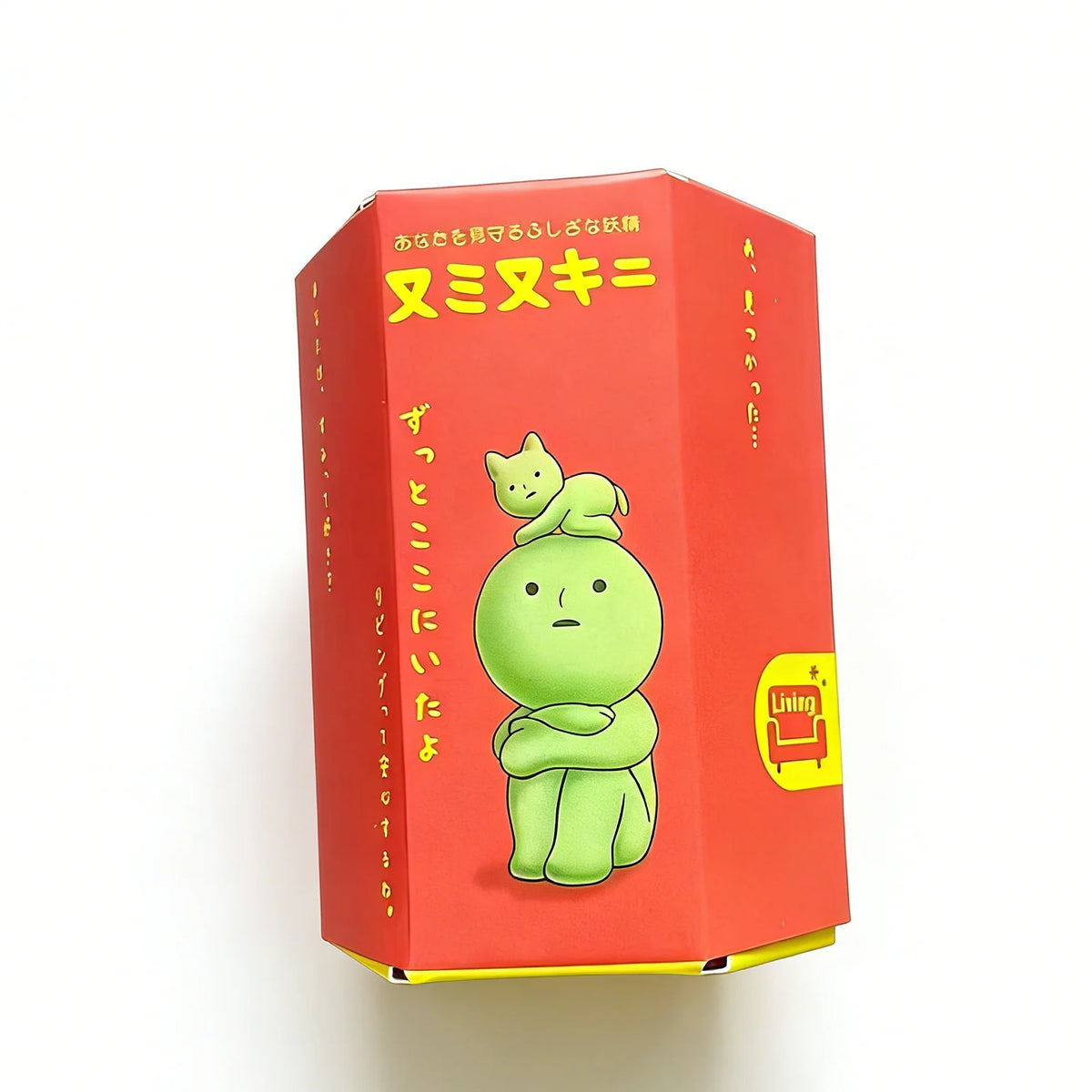 A red box for a Mimi-Kini glow-in-the-dark blind box collectible featuring a green, round character.