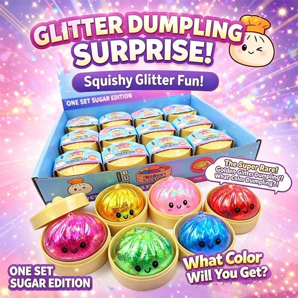 A box of glitter dumpling squishy toys in various colors including pink, yellow, and blue.