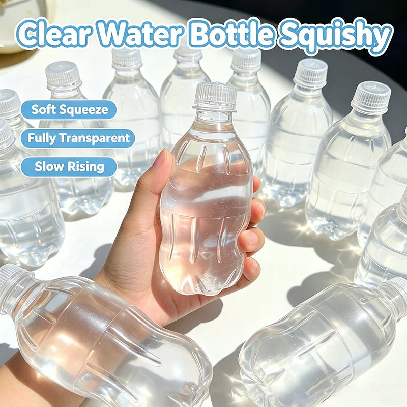 A hand holds a clear water bottle squishy toy demonstrating soft squeeze and slow rising.