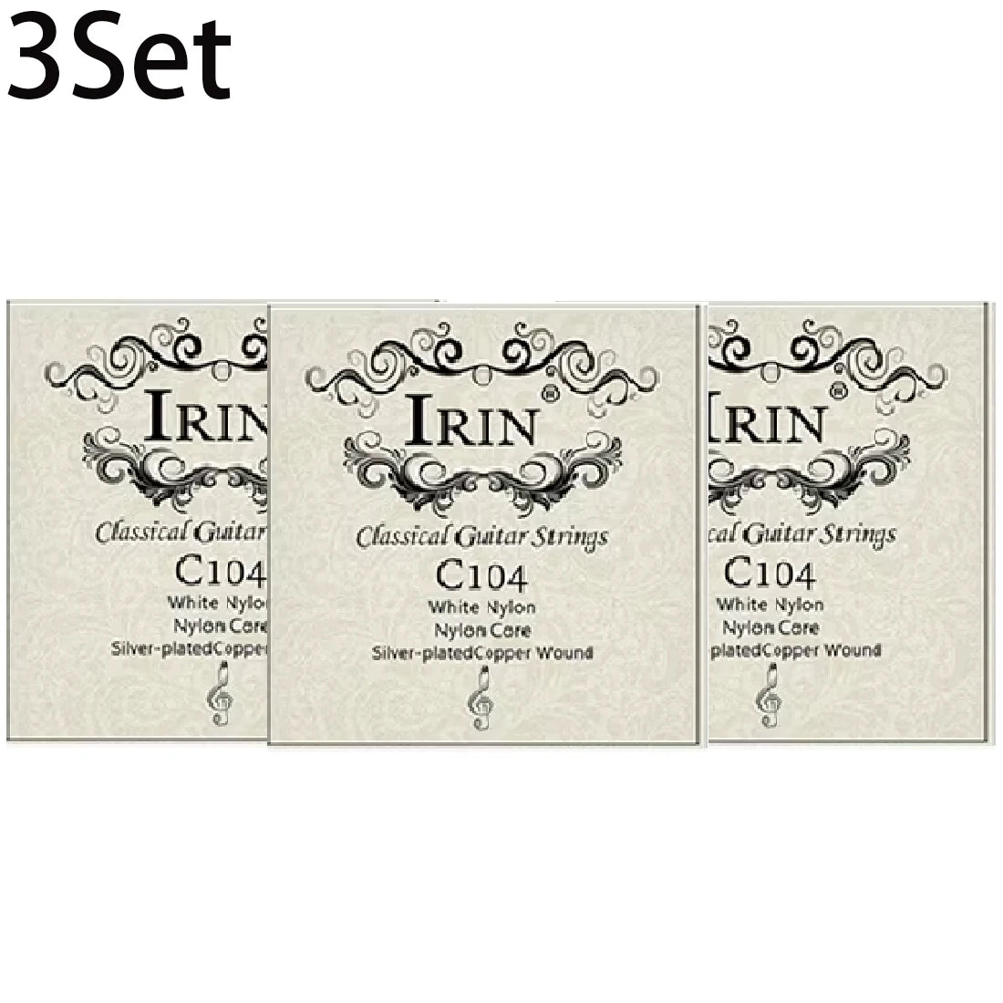 A set of classical guitar strings including clear nylon and silver-plated copper wound strings.