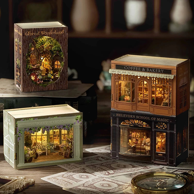 A wooden miniature dollhouse kit featuring a detailed Victorian-style shop facade with glass windows and interior lighting.