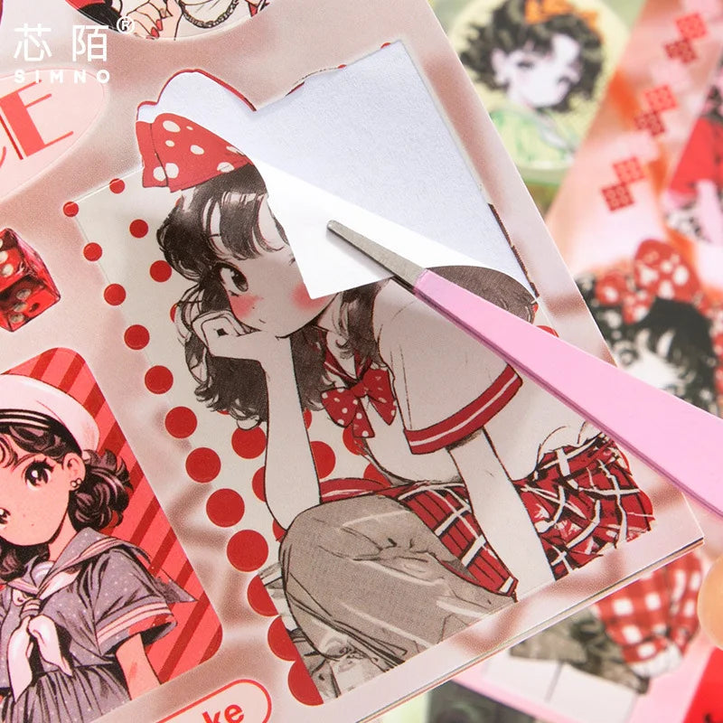 A die-cut sticker book set featuring a drawing of a girl with a bow, displayed on a pink background.