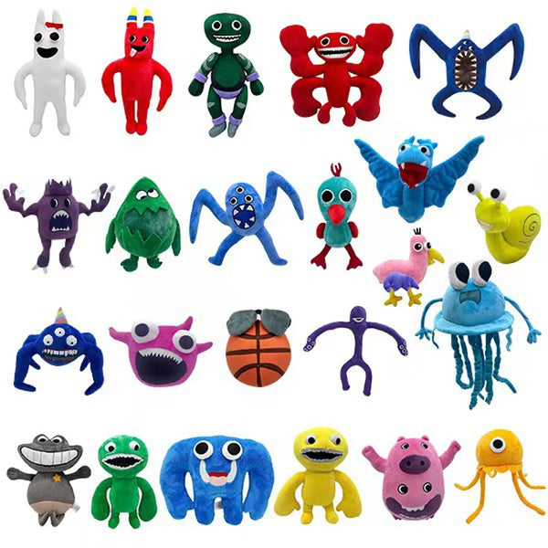 A collection of various plush toys and figures from the Garten of BanBan franchise.