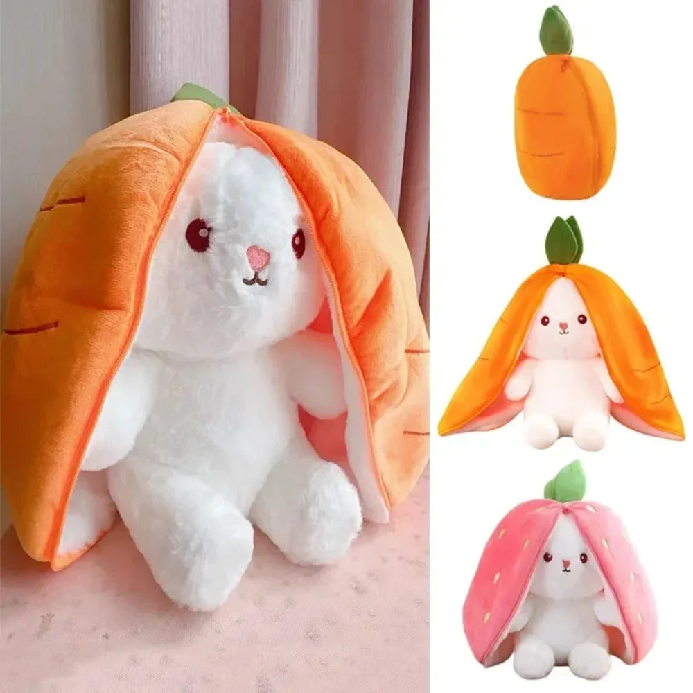 A white bunny plush toy with an orange carrot-shaped hood, shown in three different poses.