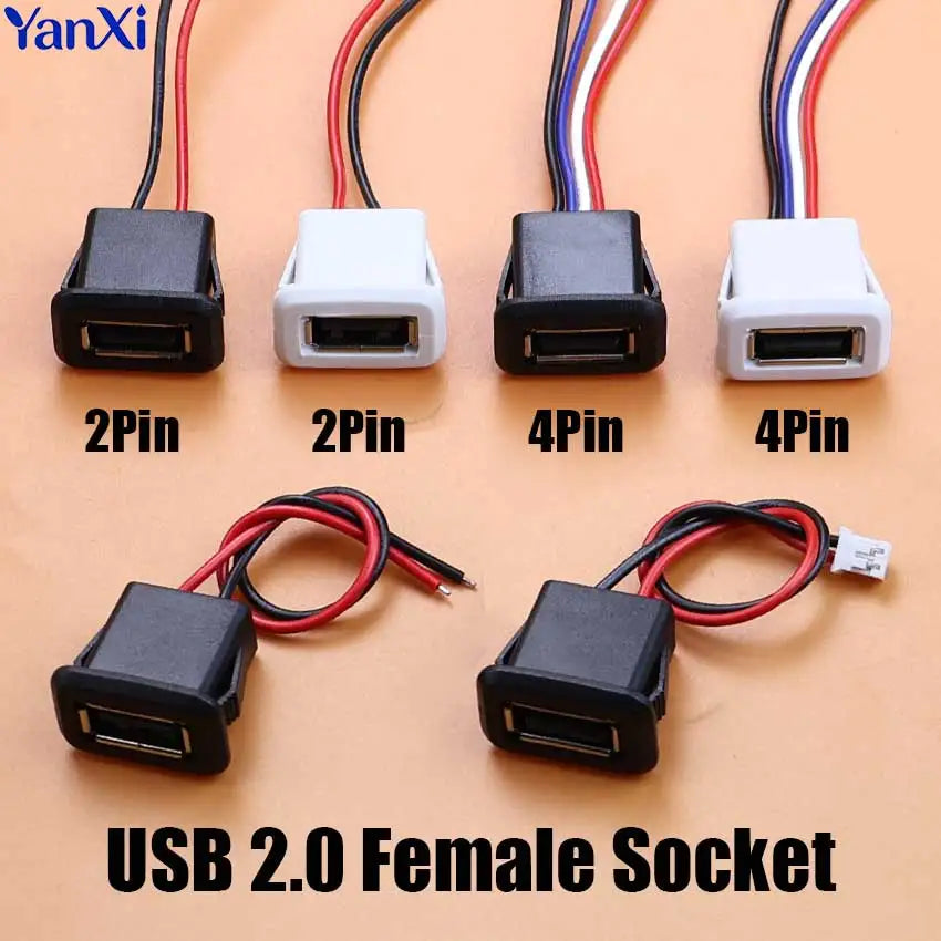 A set of USB 2.0 female socket connectors in various pin configurations (2Pin, 4Pin) and a loose connector.