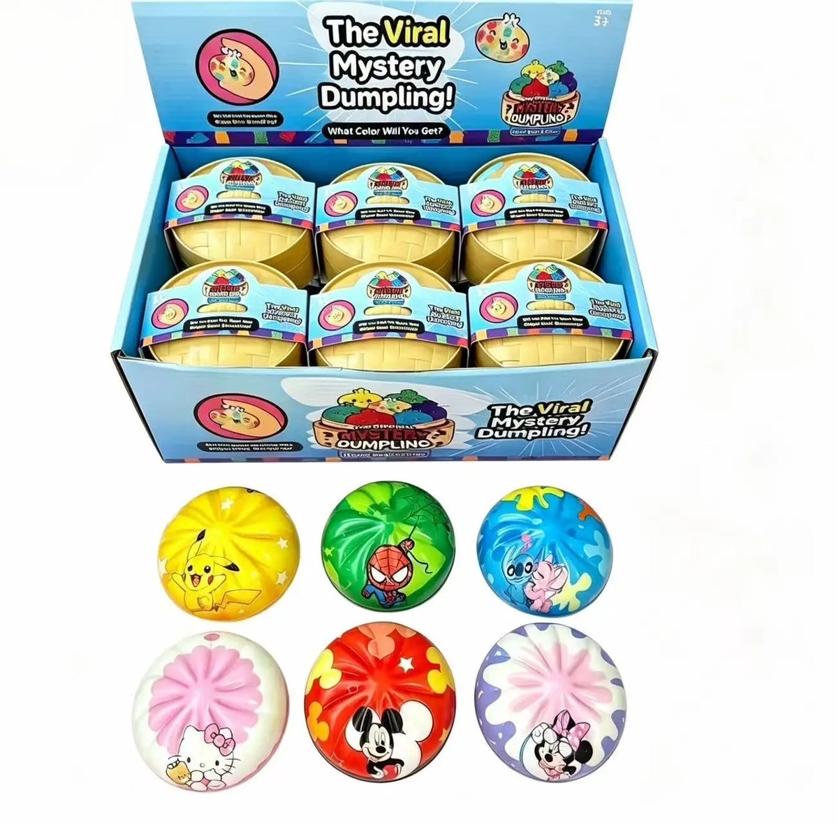 A box of The Viral Mystery Dumpling squishies featuring various cartoon patterns and colors.