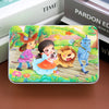 A rectangular jigsaw puzzle featuring colorful wooden animals and vehicles for kids.