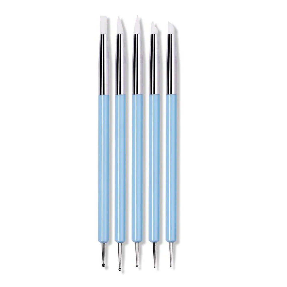 A set of five double-ended silicone dotting pens for nail art, clay, and pottery sculpting.