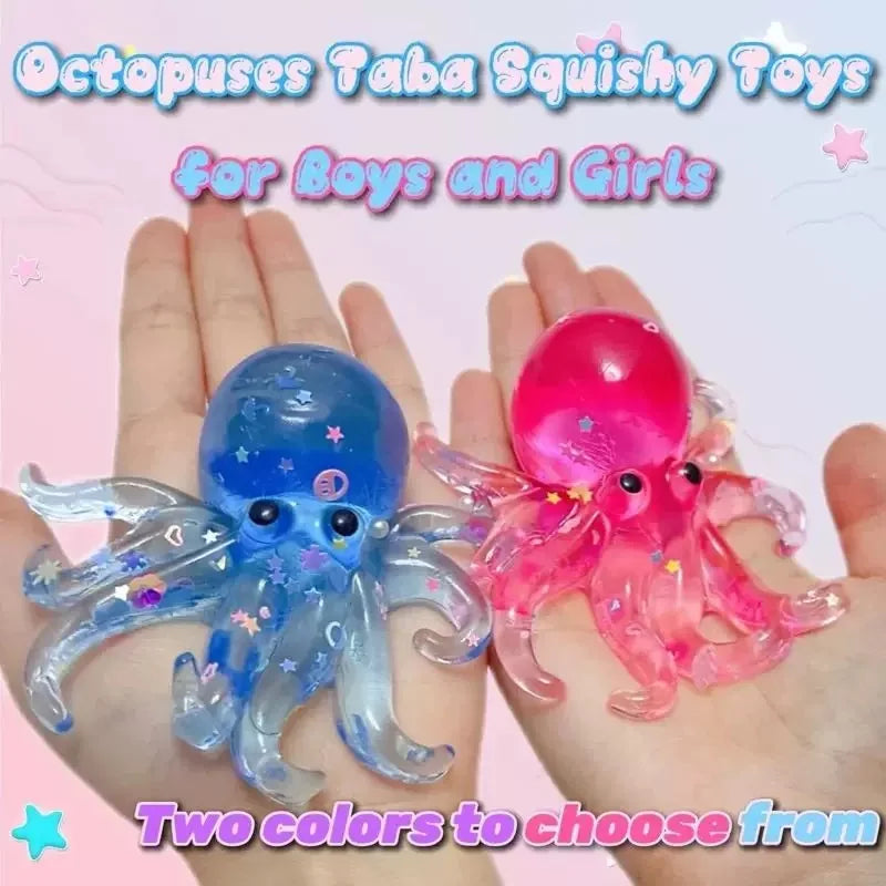 Two squishy octopus toys in blue and pink colors held in hands for boys and girls