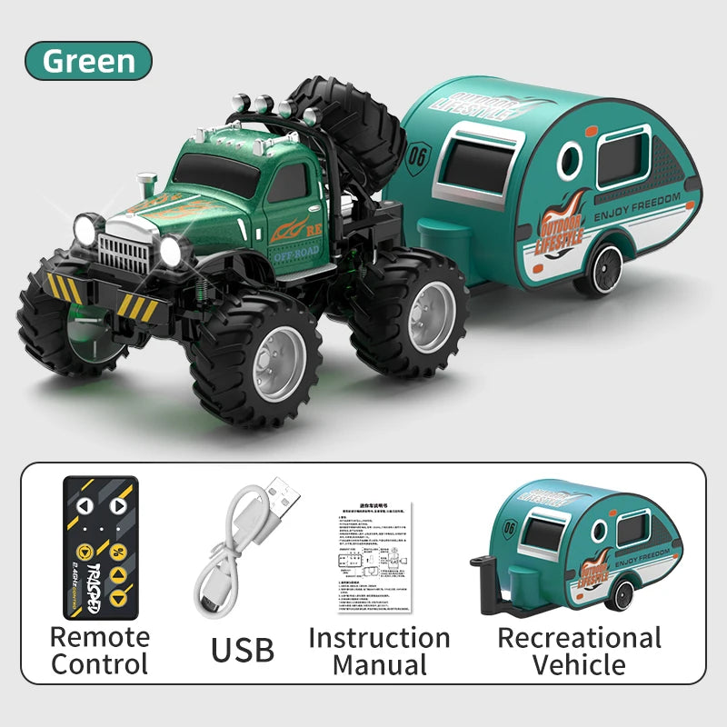 A green remote controlled off-road vehicle with an alloy chassis and large tires, shown next to its manual and control remote