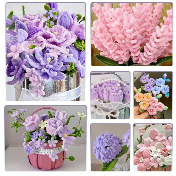 En samling håndlagde pipe cleaner-blomster i lilla, rosa og lavendel.