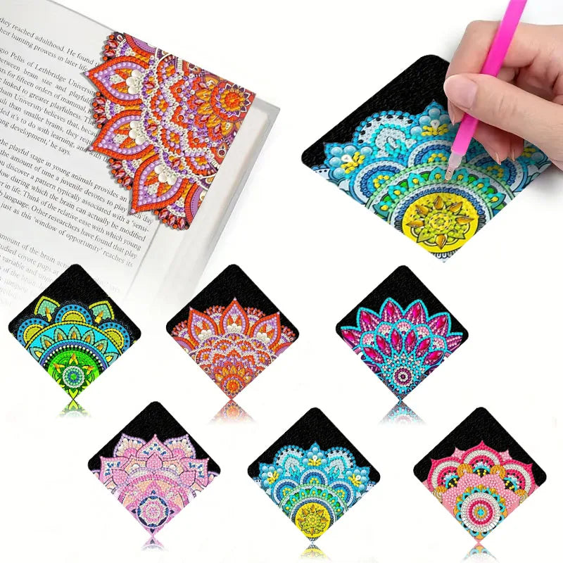 A set of six DIY mandala flower diamond art corner bookmarks featuring colorful geometric patterns.