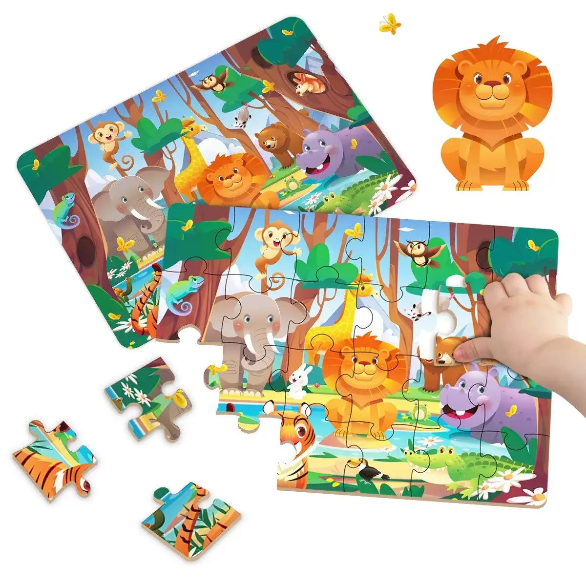 A colorful jigsaw puzzle featuring various animal cartoon characters like lions, elephants, and monkeys.