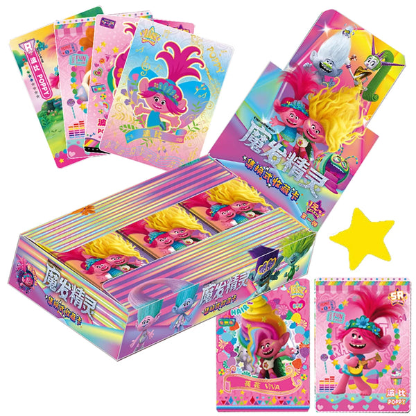 Färgglatt boxset med Trolls Fantasy Adventure samlarkort med olika trollfigurer och livfullt artwork.