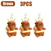 Three brown capybara plush toys with gold-colored keychains and yellow accents