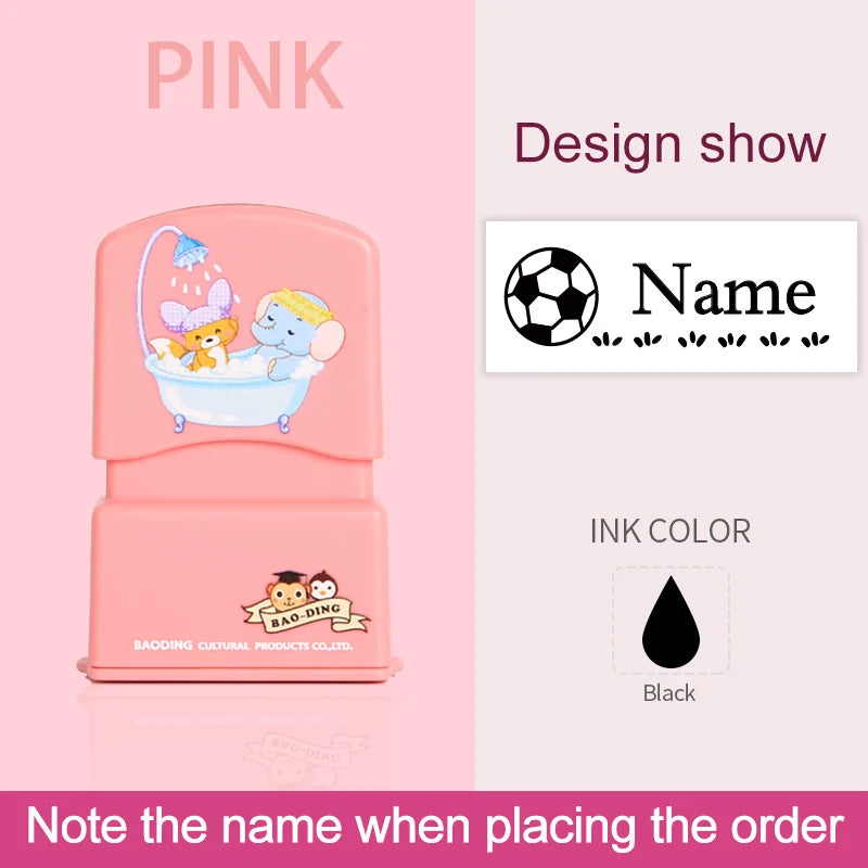 A pink waterproof labeling stamp featuring a bathtub design and the name Baoding Cultural Products Co. Ltd.