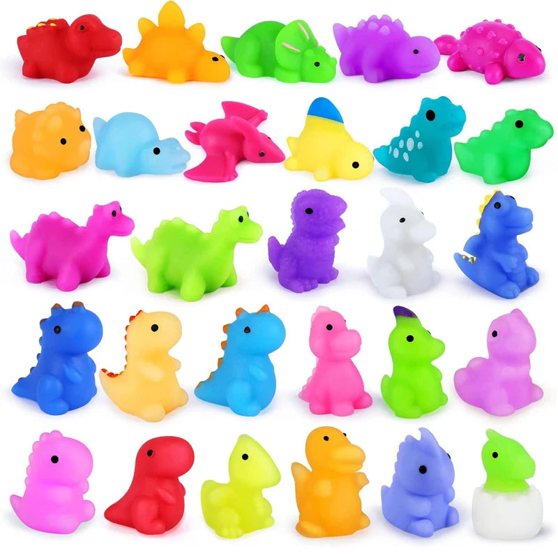 A collection of colorful squishy dinosaur fidget toys in various bright colors like red, yellow, green, blue, and purple.