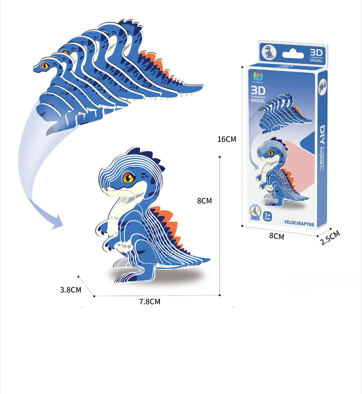 A 3D model paper puzzle set of a Velociraptor dinosaur in blue and orange colors, packaged for DIY craft toys.