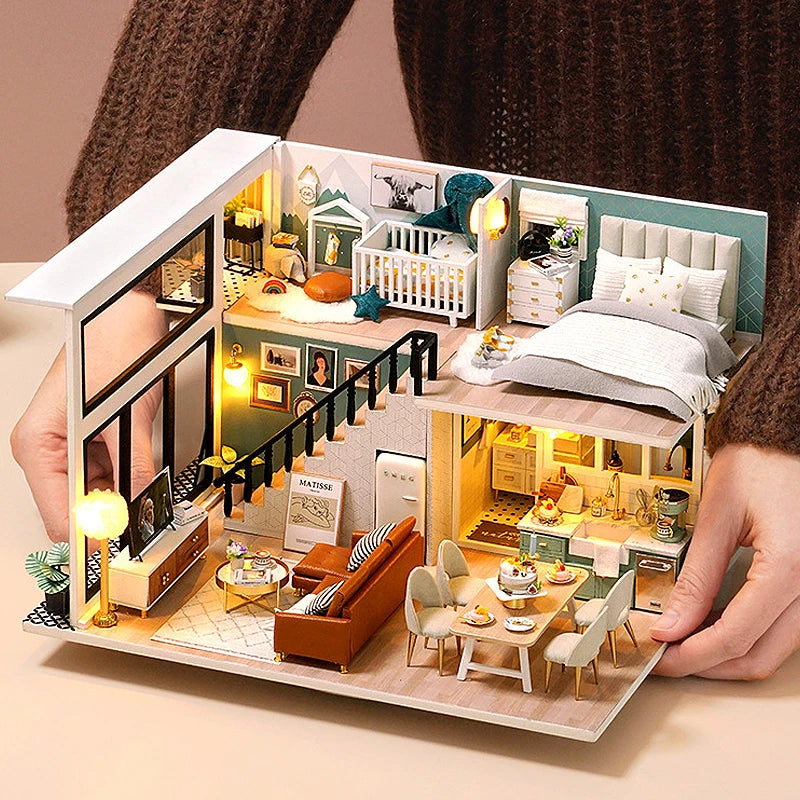 DIY Wooden Dollhouse Kit with Miniature Furniture – 3D Puzzle Craft Set