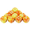 A set of ten colorful, translucent dice with an orange and yellow marbled pattern arranged in a pyramid shape.