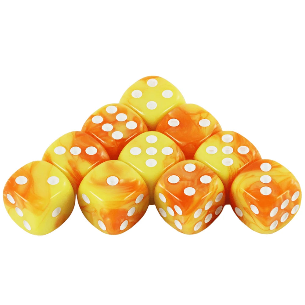 A set of ten colorful, translucent dice with an orange and yellow marbled pattern arranged in a pyramid shape.