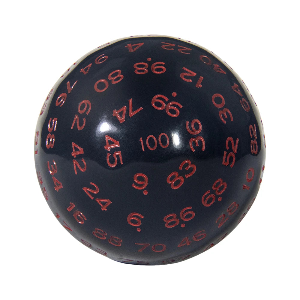 A close-up view of a dark blue 100-sided polyhedral die with red numbers and markings.