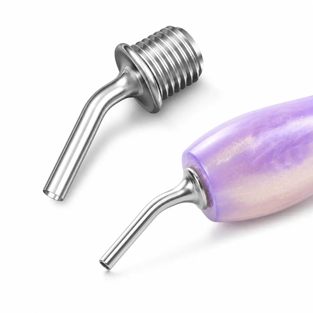 A silver metal pen tip and a purple diamond painting pen body are shown against a white background.