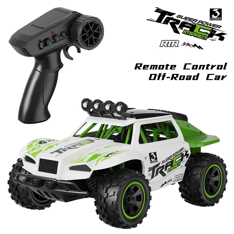 A black remote control for a Super Power Track off-road car and the green and white RC monster truck model.