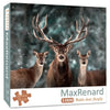 A MaxRenard 1000-piece jigsaw puzzle featuring a noble deer family against a snowy, dark background.