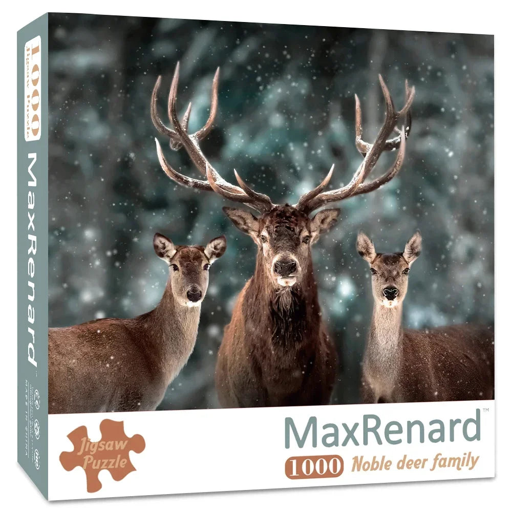 A MaxRenard 1000-piece jigsaw puzzle featuring a noble deer family against a snowy, dark background.
