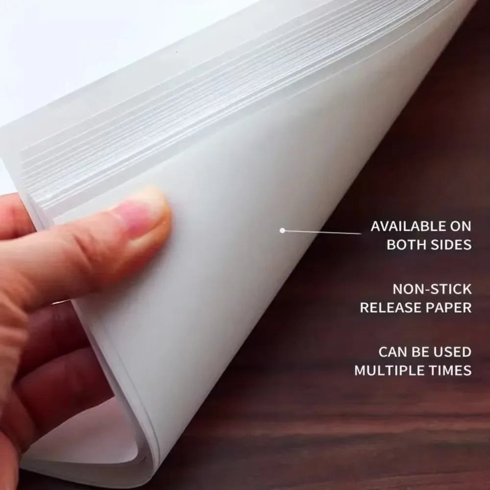 A hand holds a sheet of non-stick release paper available on both sides for diamond painting projects.
