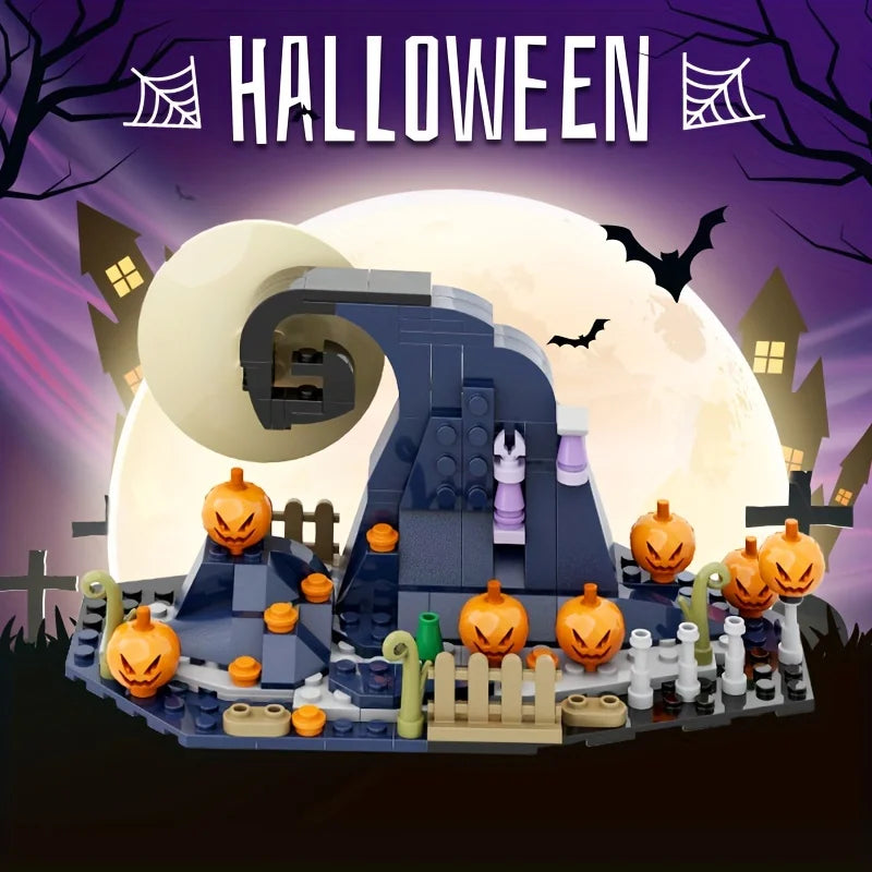 A LEGO set depicting a Halloween scene with a pumpkin, bats, and a large moon under a purple sky.