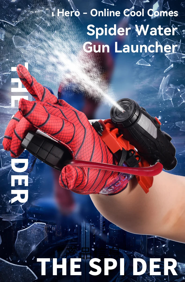 A hand wearing a red Spider-themed glove is launching a water stream from a black and orange wrist launcher.