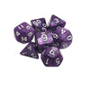 A set of seven purple polyhedral dice used for tabletop role-playing games