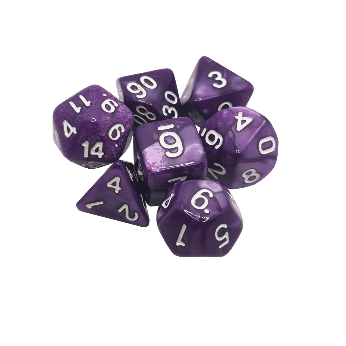 A set of seven purple polyhedral dice used for tabletop role-playing games
