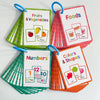 Collection de cartes d'apprentissage colorées pour enfants avec fruits, légumes, nombres et formes.