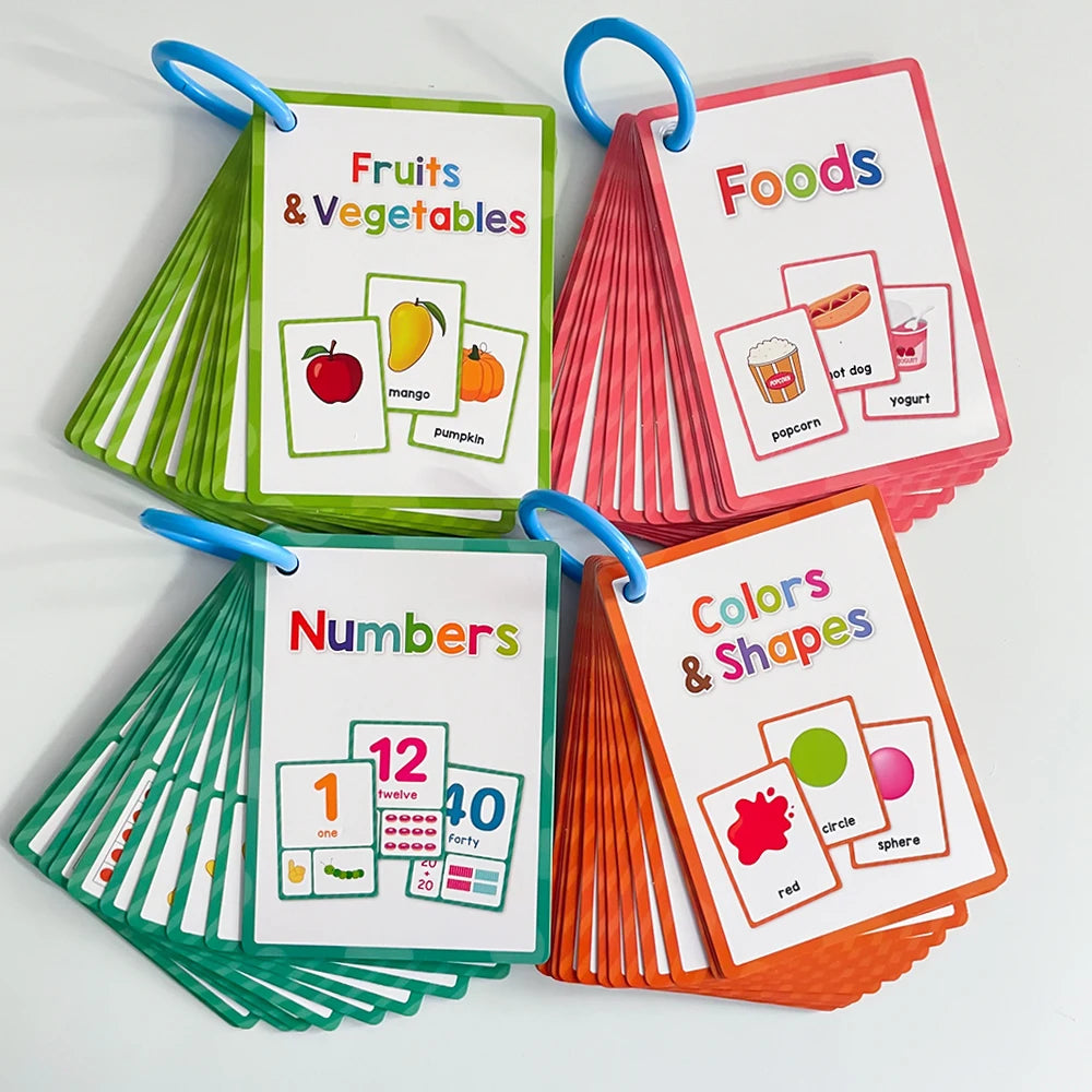 Collection de cartes d'apprentissage colorées pour enfants avec fruits, légumes, nombres et formes.