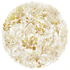 A circular design featuring delicate gold botanical illustrations on a transparent background.