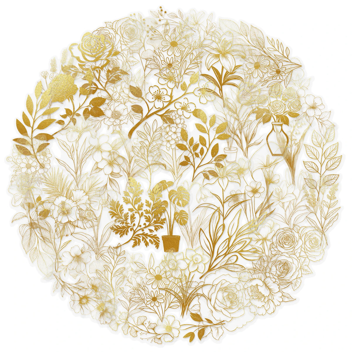 A circular design featuring delicate gold botanical illustrations on a transparent background.