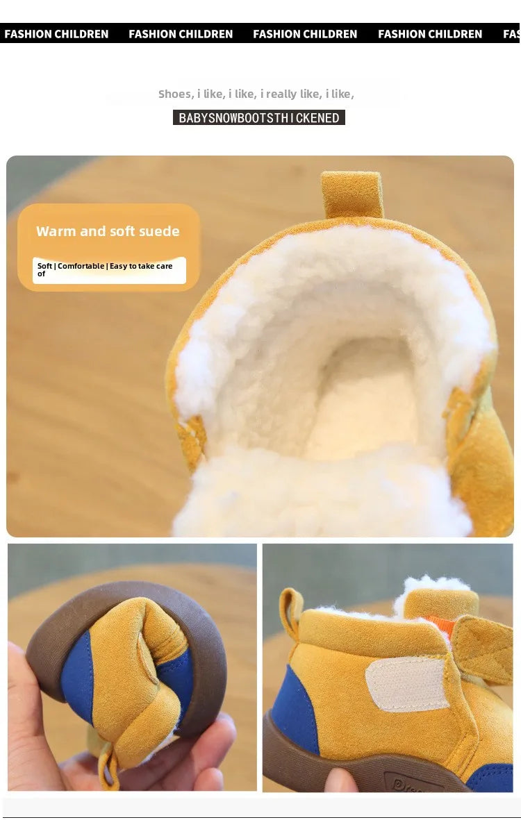 A close-up view of a tan plush-lined winter boot for toddlers, showing the soft suede exterior and interior lining.