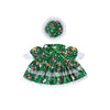 A festive green dress for a porch goose featuring white snowflake and Christmas decorations.
