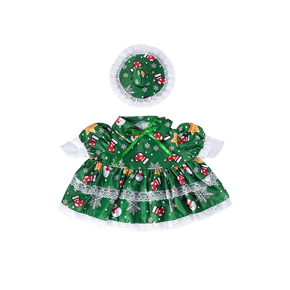 A festive green dress for a porch goose featuring white snowflake and Christmas decorations.